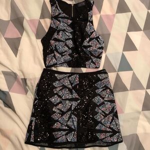 Matching sequin two piece tank and skirt set